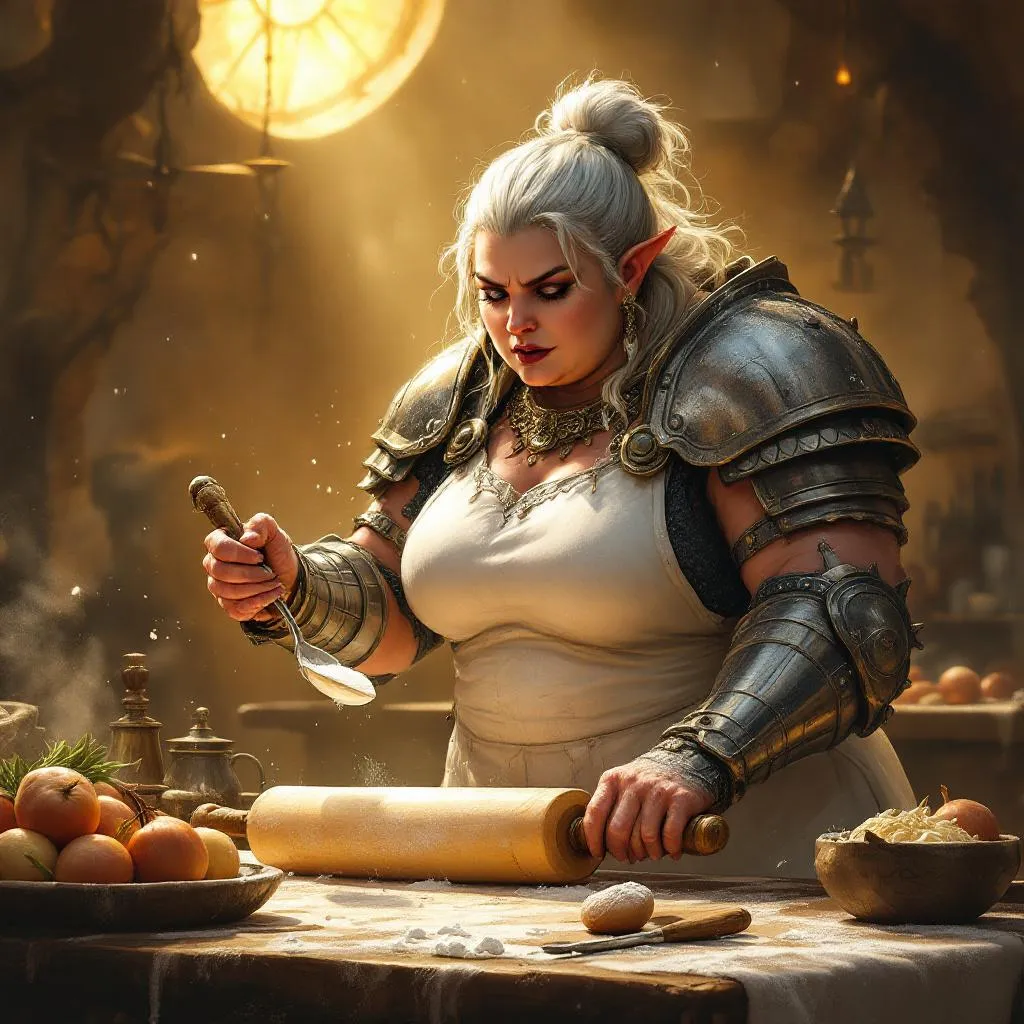 Auntie Midge 'Iron-Flour' Underbough, a Stout Halfling Paladin — D&D 5e NPC portrait