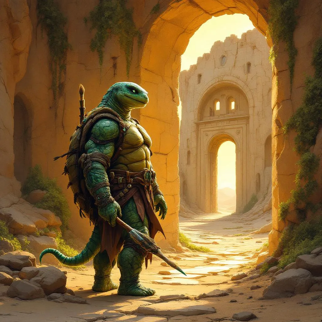 Bashira the Gate-Knocker, a Tortle Warlock — D&D 5e NPC portrait