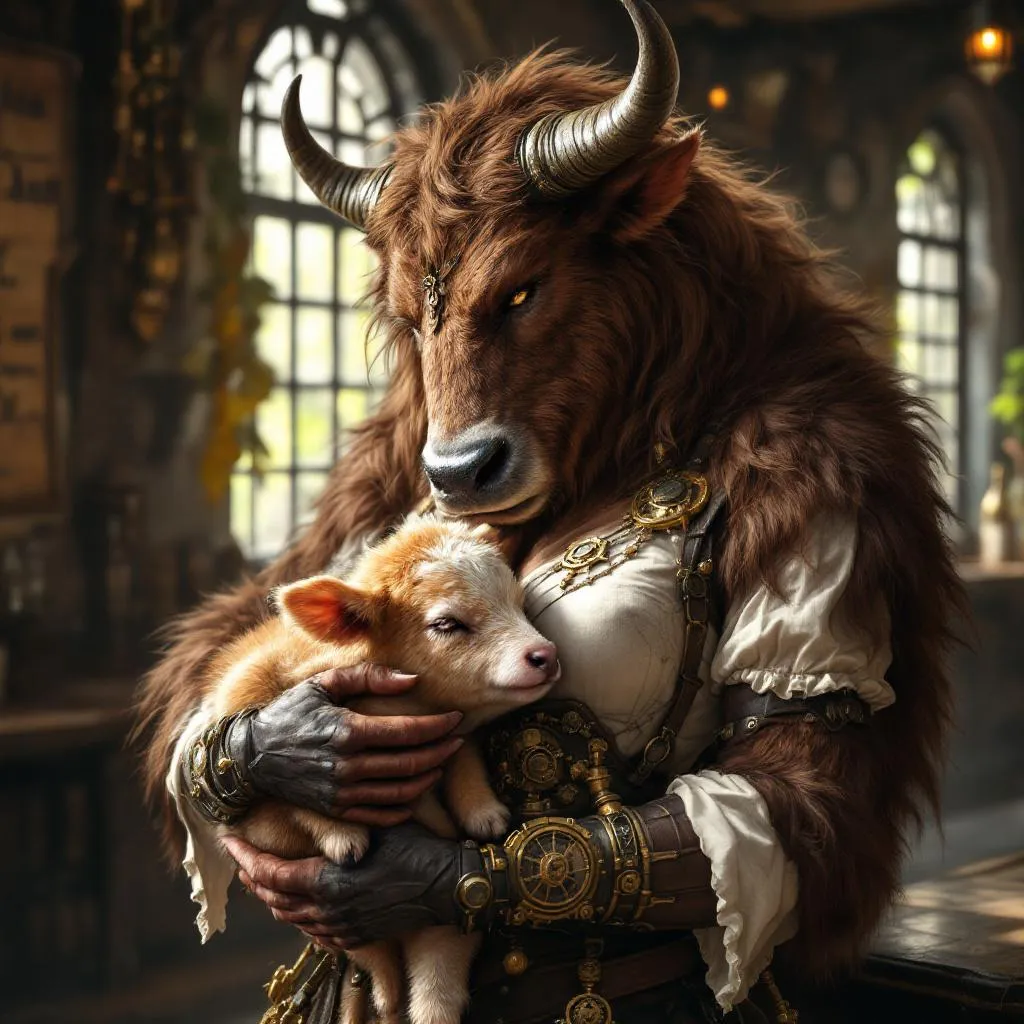 Muma 'Hops' Iron-Hoof, a Minotaur Artificer — D&D 5e NPC portrait