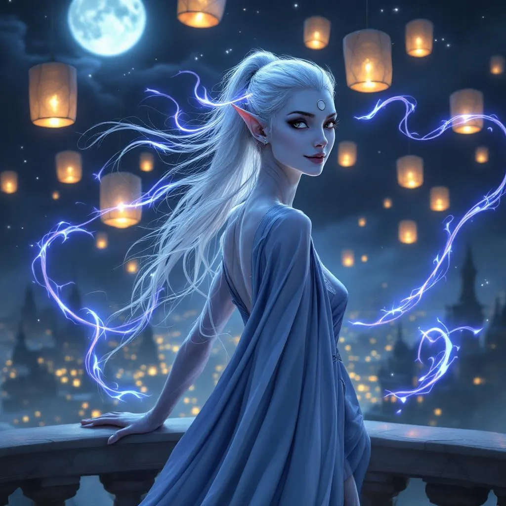 Lady Elara Sunshadow, a High Elf (Far-Folded) Elf Sorcerer — D&D 5e NPC portrait