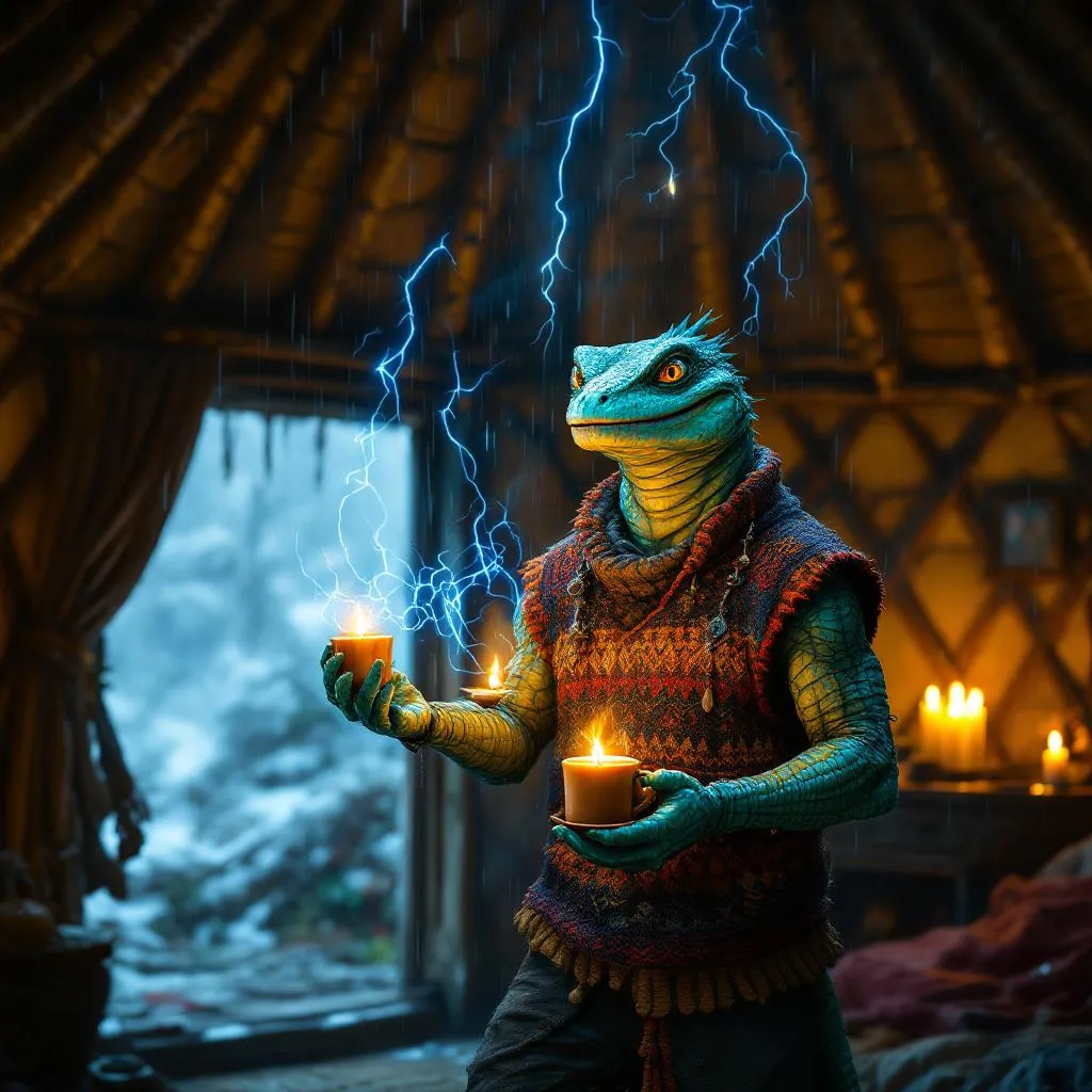 Bax 'Static-Snout' Vex, a Lizardfolk Sorcerer — D&D 5e NPC portrait