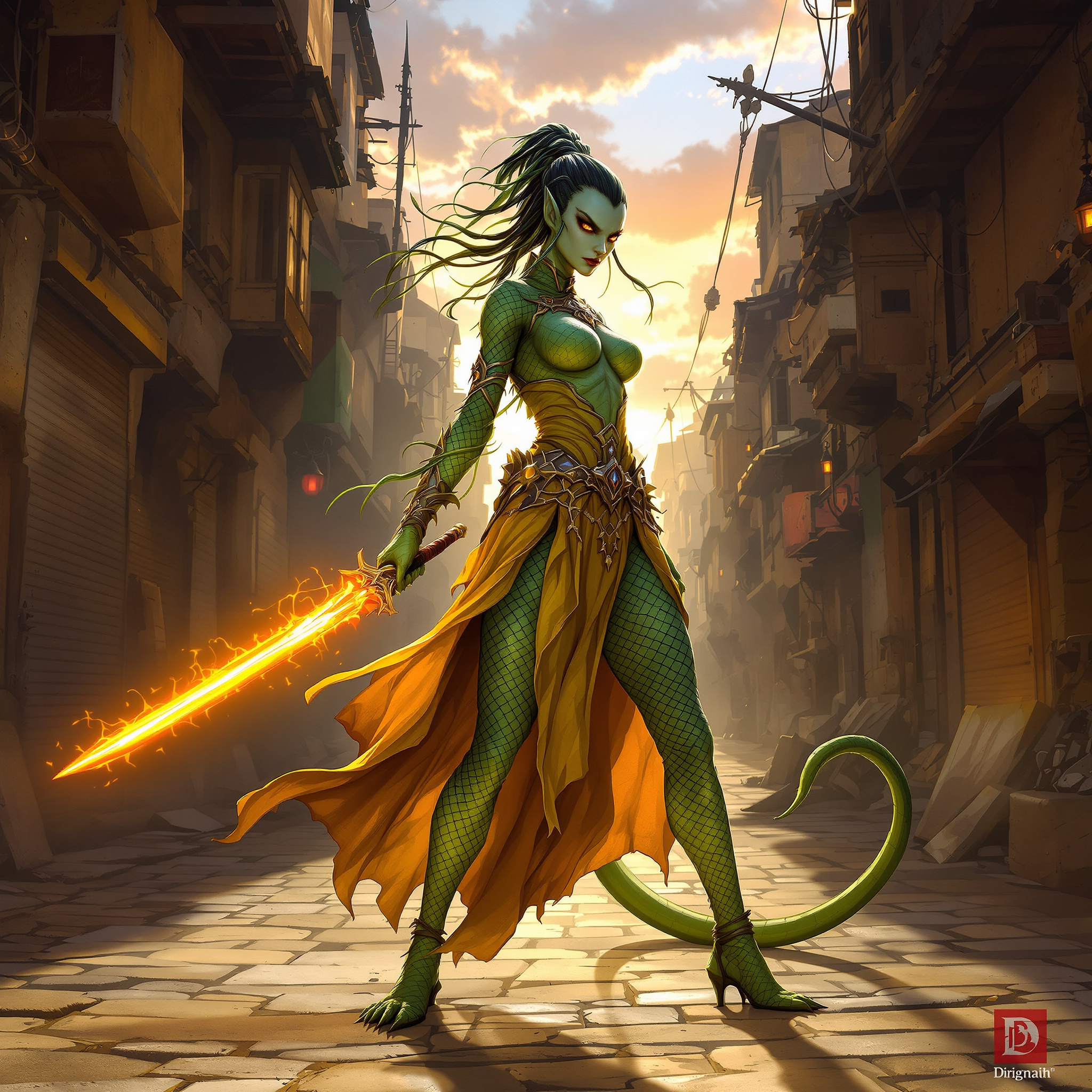 Sura of the Gilded Scale, a Yuan-ti Pureblood Hexblade Warlock — D&D 5e NPC portrait