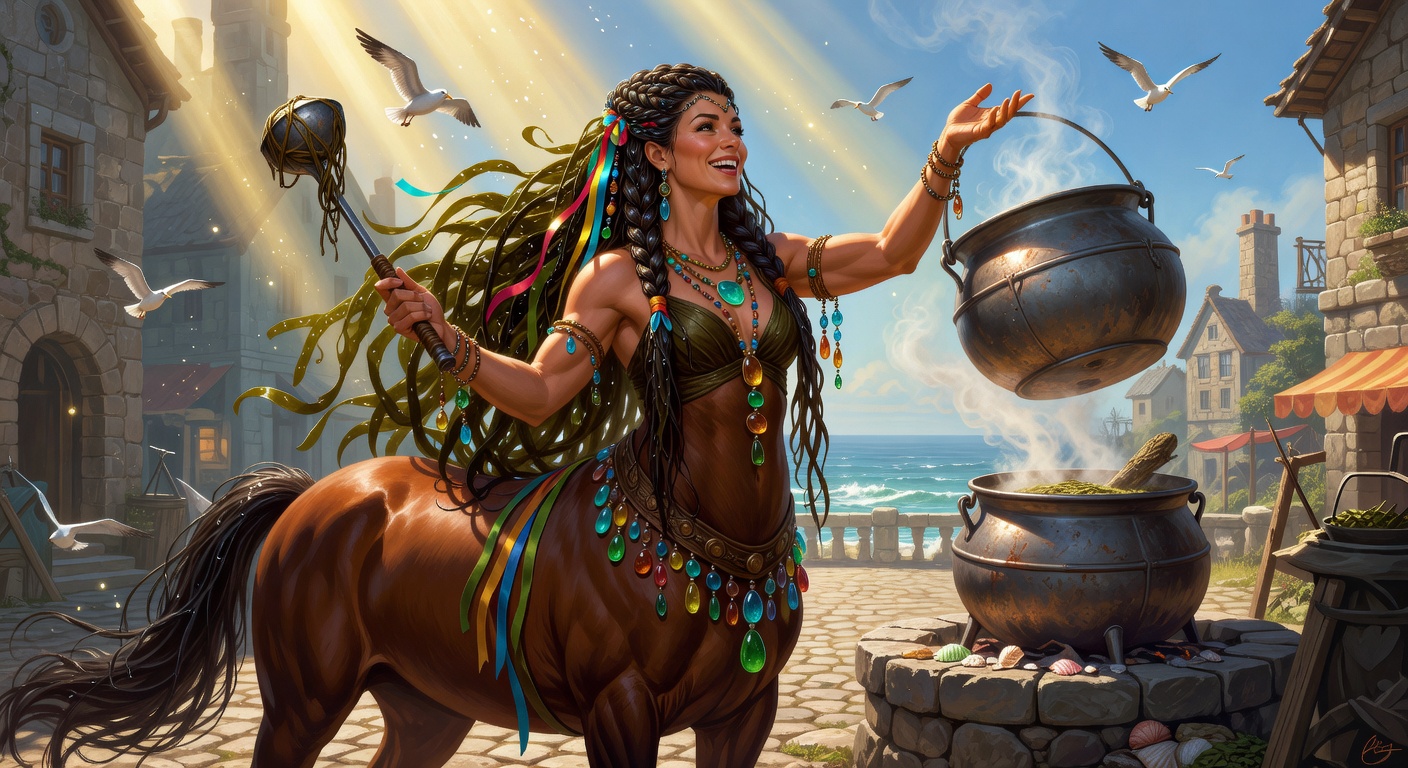 Elara 'Gully-Hoof' Thorne, a Centaur Druid — D&D 5e NPC portrait