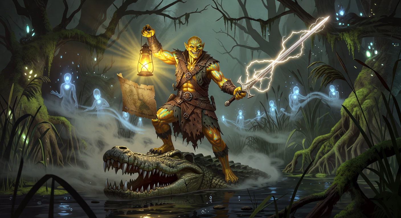 Barnaby 'Bubble-Gulp' Boggs, a Gold Grung Blood Hunter — D&D 5e NPC portrait