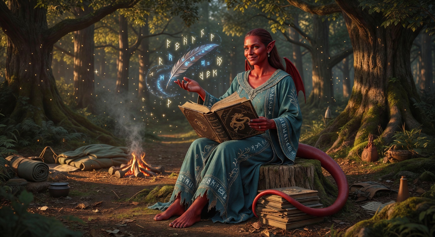 Damaris 'Dilly' Vex, a Winged Tiefling Wizard — D&D 5e NPC portrait