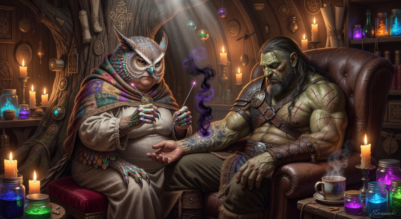 Grandmother Hoothe, a Owlin Bard — D&D 5e NPC portrait