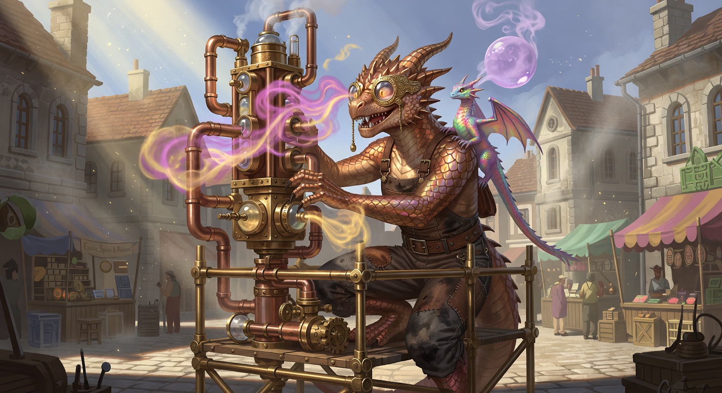 Vespera Aurum-Vapor, a Copper Dragonborn Artificer — D&D 5e NPC portrait