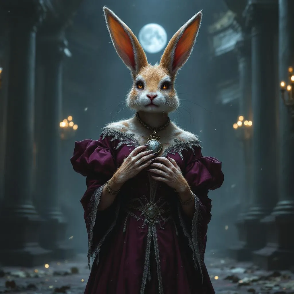 Lady Lyra Vixthorn, a Harengon Blood Hunter — D&D 5e NPC portrait