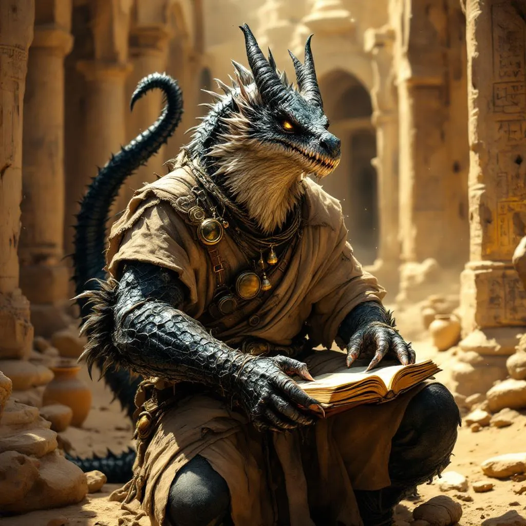 Kaustros the Chronicler, a Brass Dragonborn Blood Hunter — D&D 5e NPC portrait