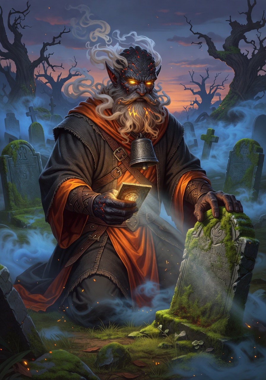 Ignis 'Old Ember' Ashwalker, a Fire Genasi Cleric — D&D 5e NPC portrait