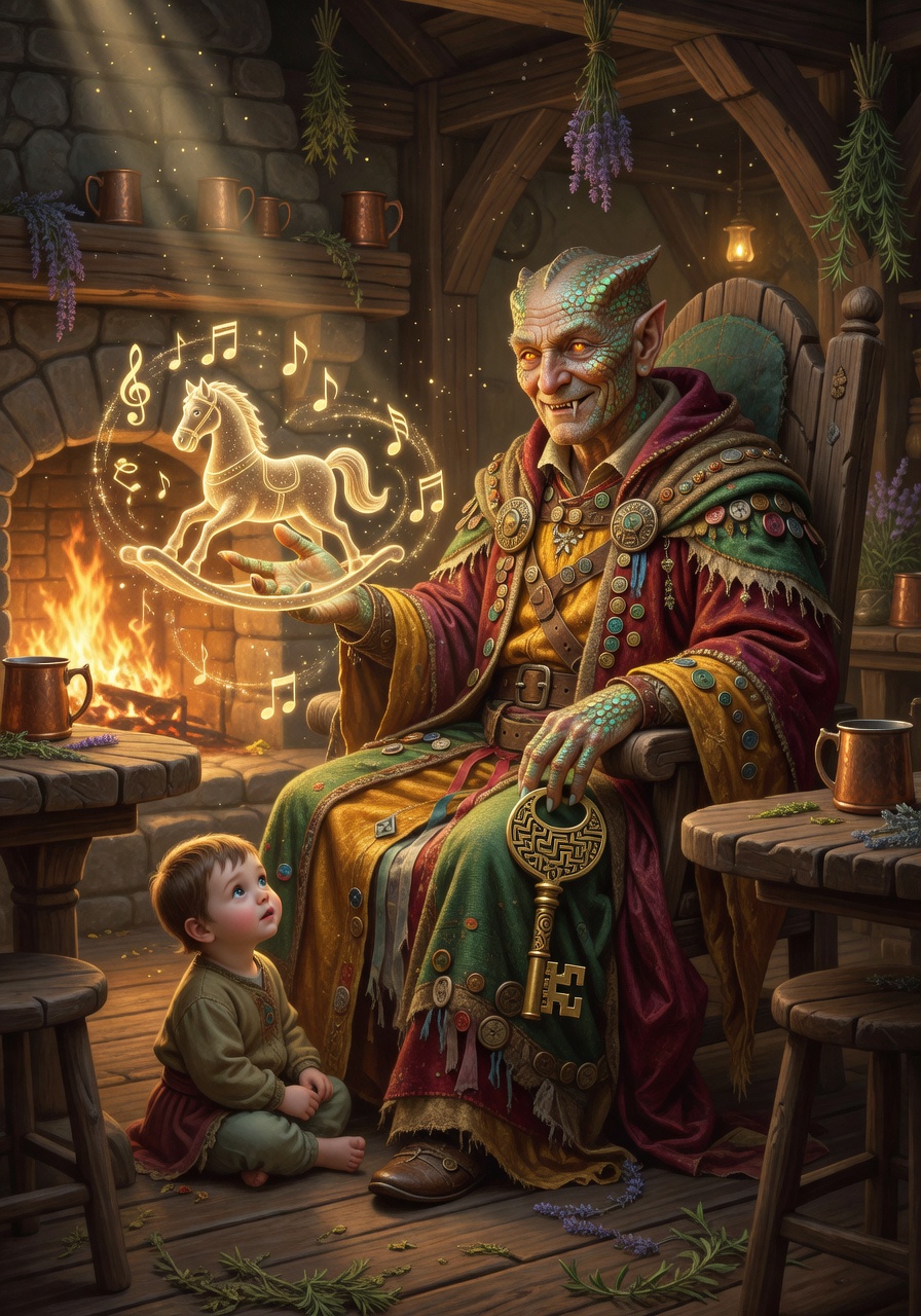 Sslitherin 'Papa' Vess, a Yuan-Ti Pureblood Bard — D&D 5e NPC portrait