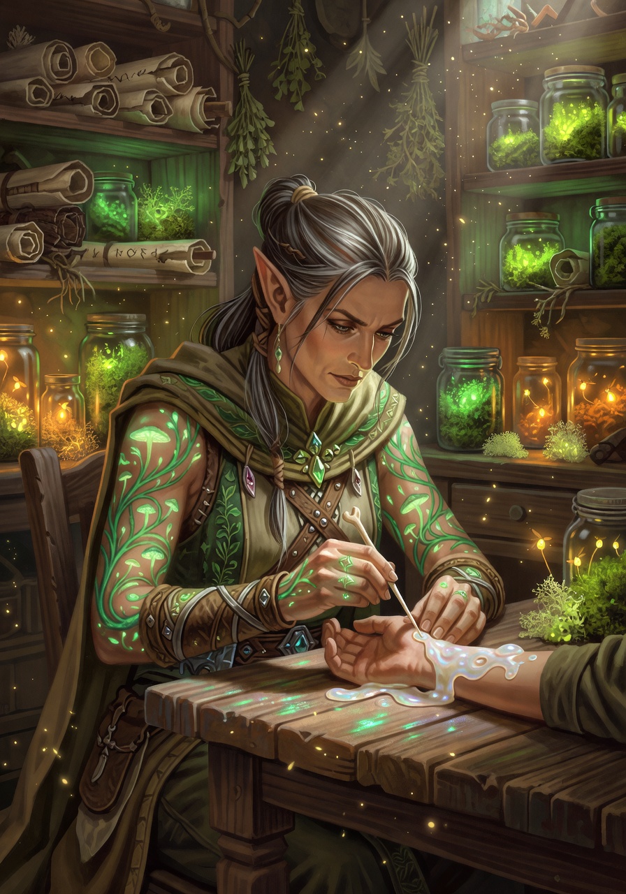 Vespera 'Ink-Bloom' Thorne, a Half-Elf Druid — D&D 5e NPC portrait