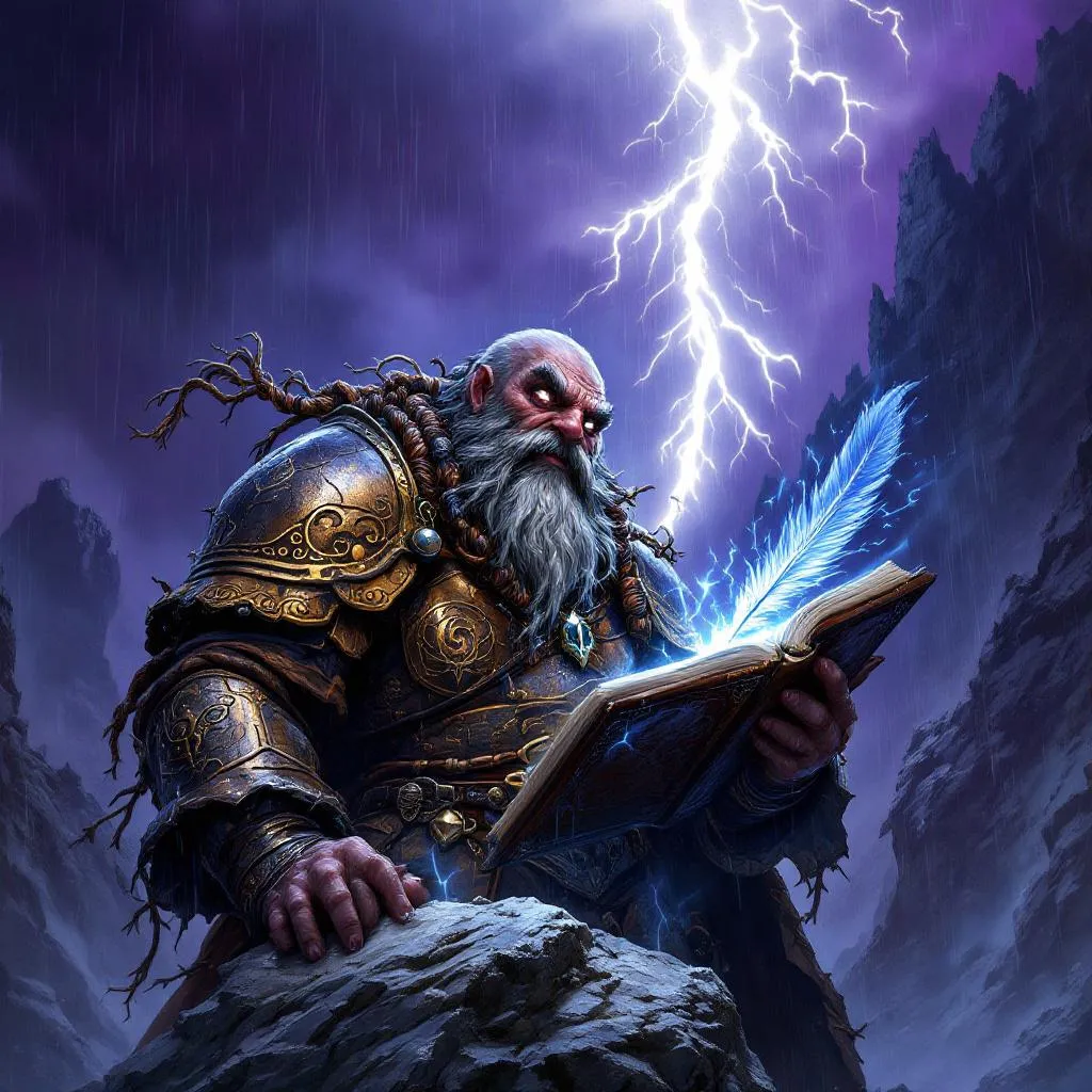 Thrumm 'The Thunder-Guest' Stoneheart, a Duergar Dwarf Cleric — D&D 5e NPC portrait