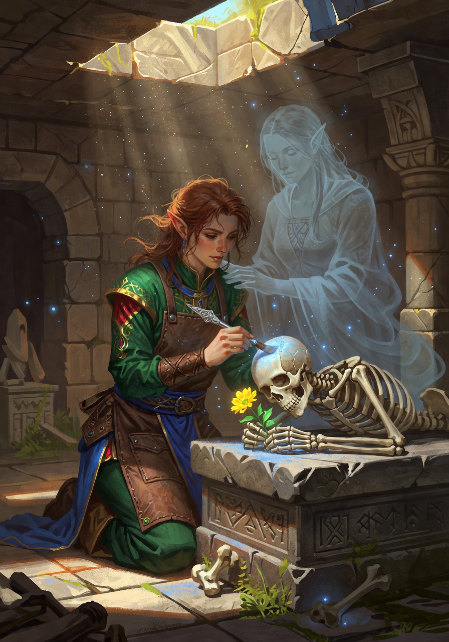 Elara 'Sunny' Vane, a Half-Elf Warlock — D&D 5e NPC portrait