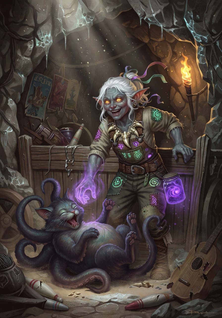 Bazzle 'Bubbles' Rock-Kicker, a Deep Gnome (Svirfneblin) Gnome Warlock — D&D 5e NPC portrait