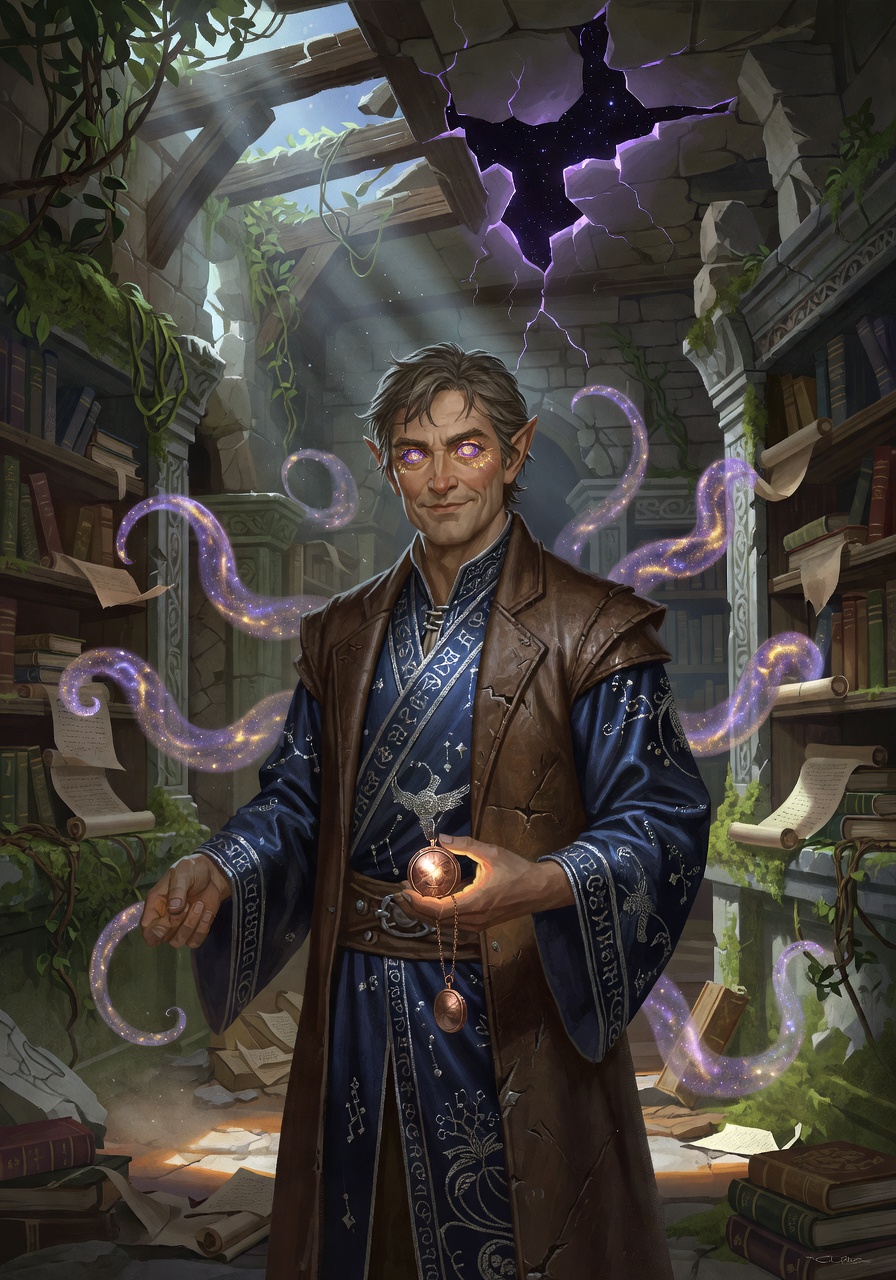 Dr. Alistair Kaelen, a Half-Elf Warlock — D&D 5e NPC portrait
