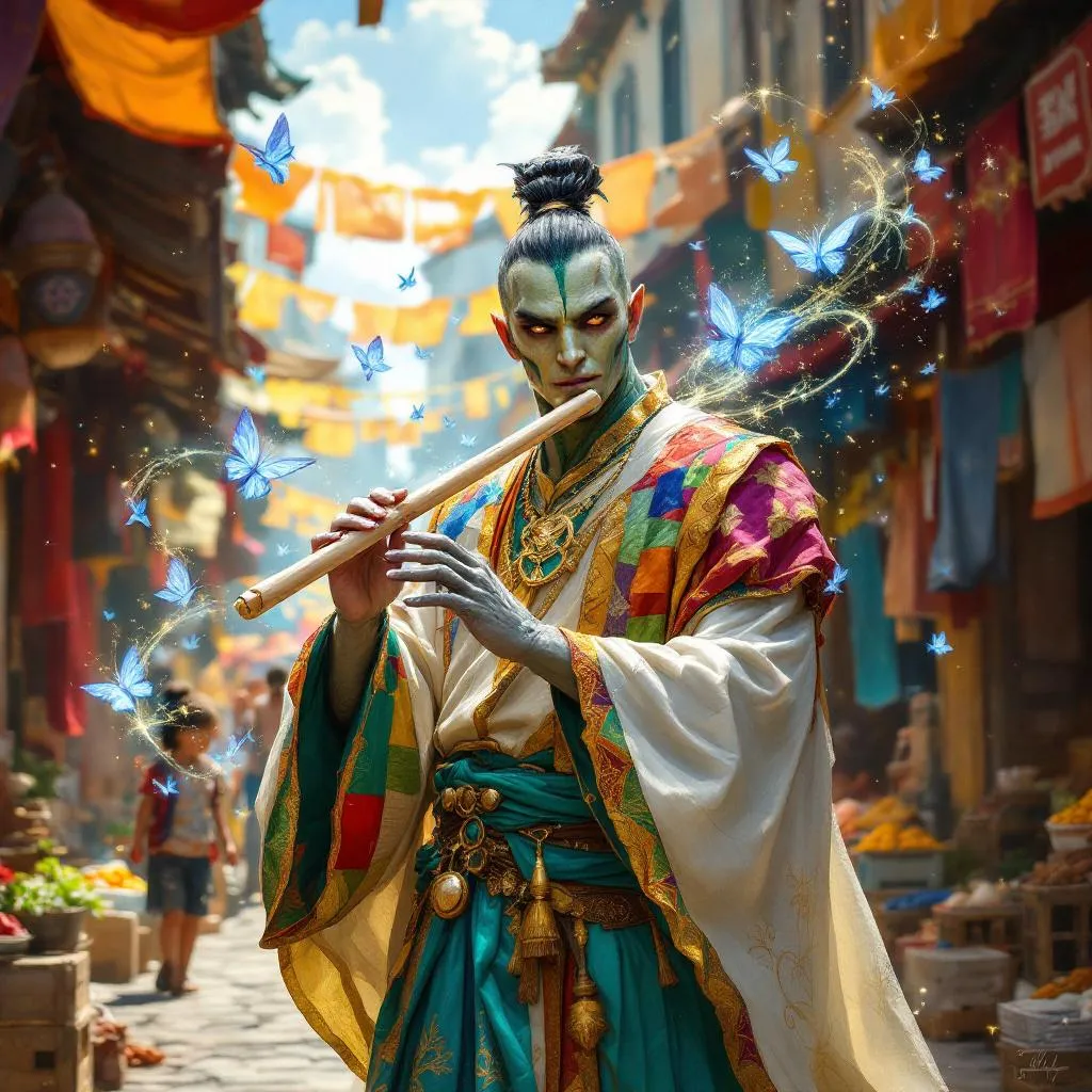 Vesper of the Vibrant Stitch, a Pureblood Yuan-Ti Cleric — D&D 5e NPC portrait