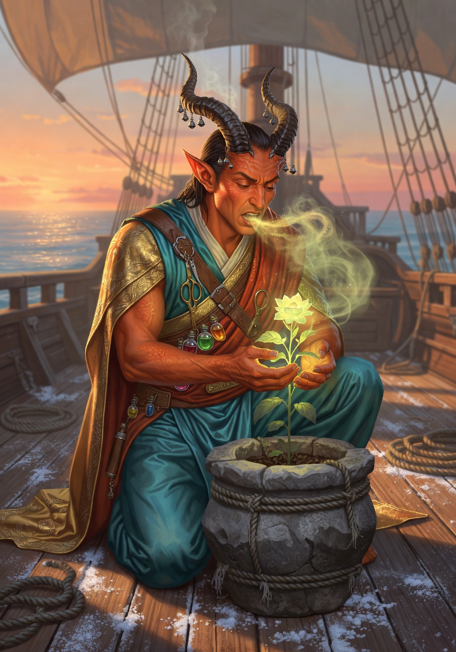 Valerius 'Vaal' Cinderbloom, a Asmodeus Tiefling Monk — D&D 5e NPC portrait