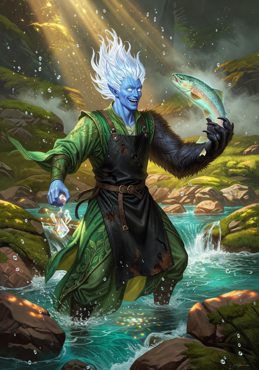 Zephyr 'Zest' Gustos, a Air Genasi Druid — D&D 5e NPC portrait