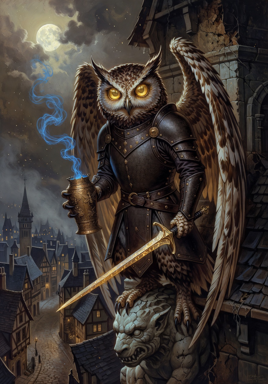Zephyrus 'Vane' Honey-Eye, a Owlin Rogue — D&D 5e NPC portrait