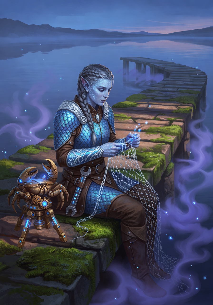 Thistle-Down, a Eladrin (Winter) Elf Artificer — D&D 5e NPC portrait