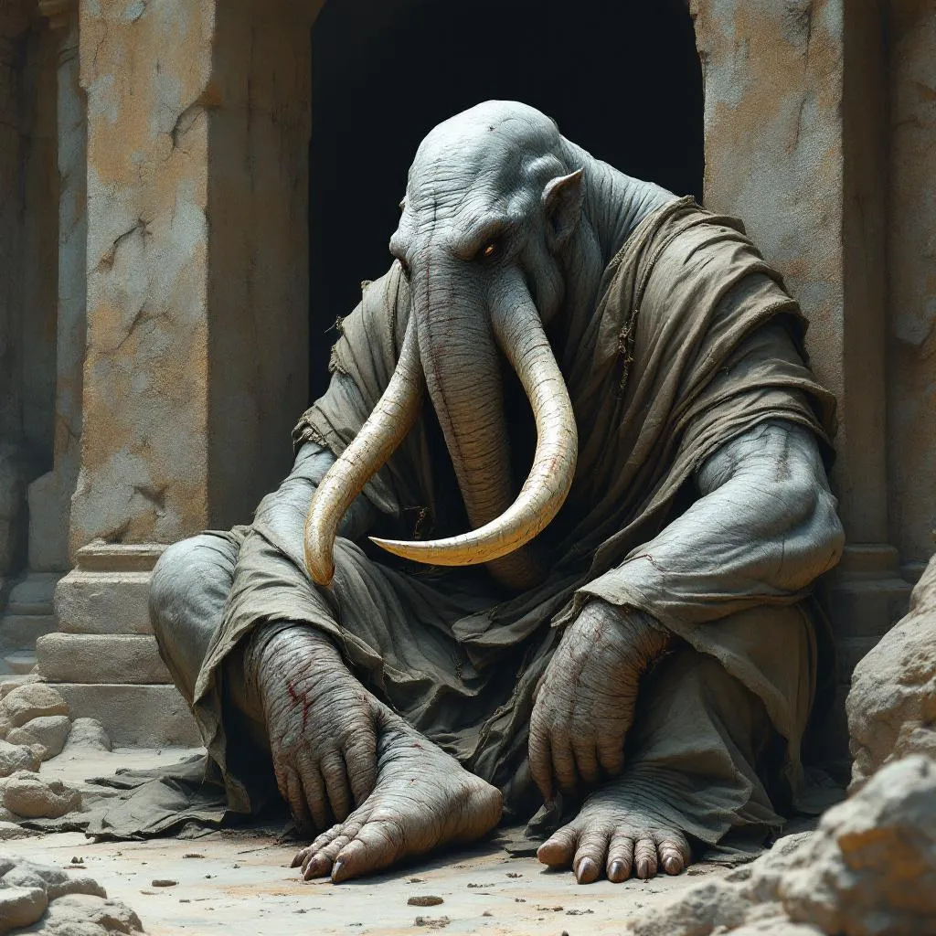 Rhadamanthos the Brine-Cursed, a Loxodon Warlock — D&D 5e NPC portrait