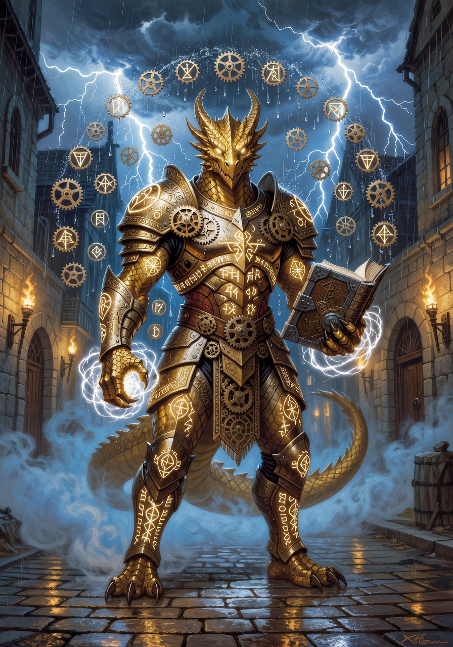 Vaxerion Kriv, a Gold Dragonborn (Mechanically Touched) Dragonborn Ranger — D&D 5e NPC portrait