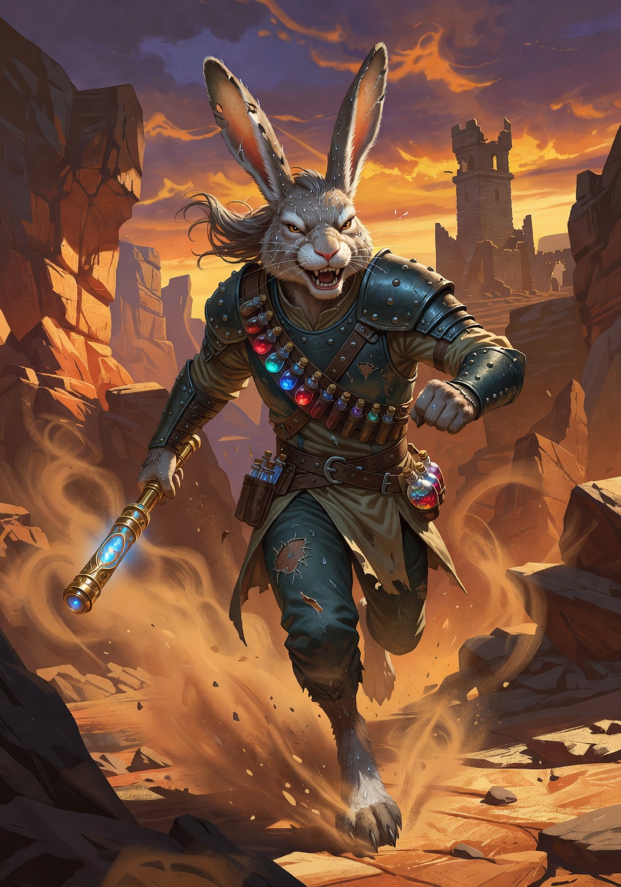 Barnaby 'Bolt-Heart' Thistledown, a Harengon Rogue — D&D 5e NPC portrait