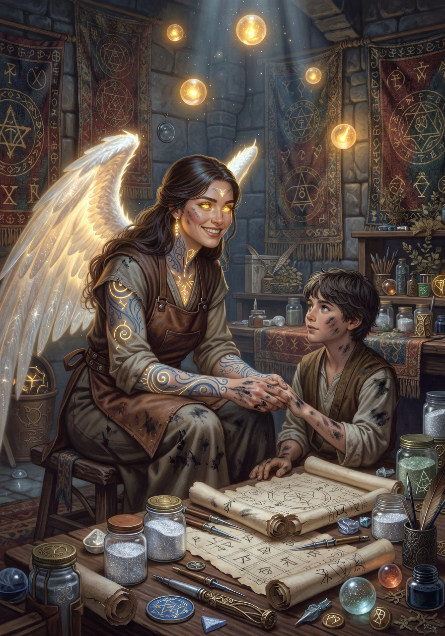 Lyraiel Sunthread, a Protector Aasimar Wizard — D&D 5e NPC portrait