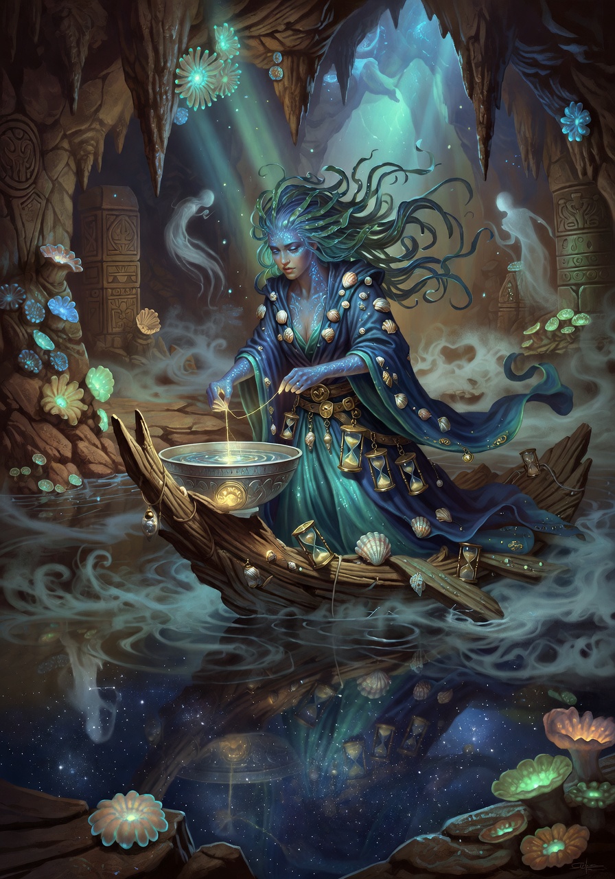 Thalassa Deepcurrent, a Water Genasi Wizard — D&D 5e NPC portrait