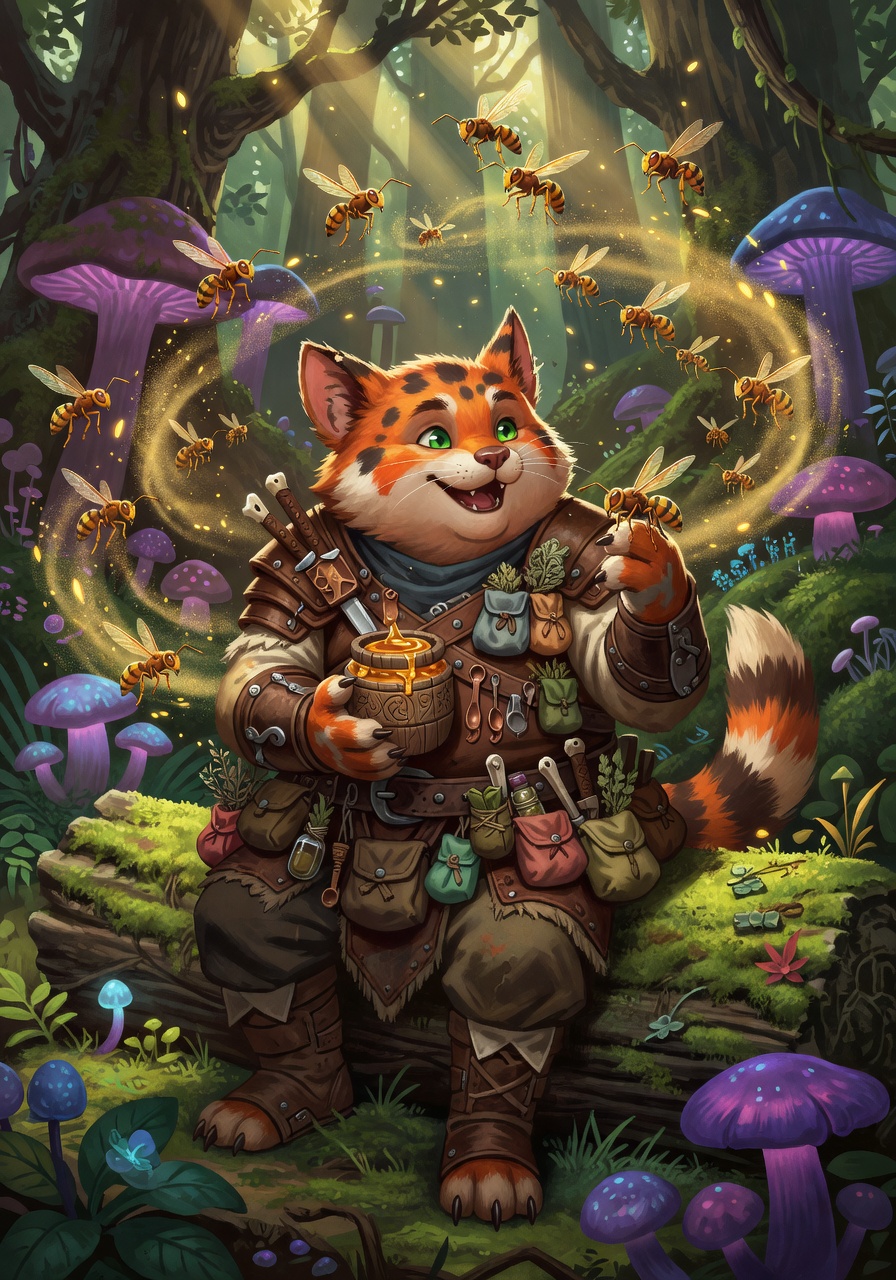 M'shra 'Puddles' Koda, a Tabaxi Ranger — D&D 5e NPC portrait