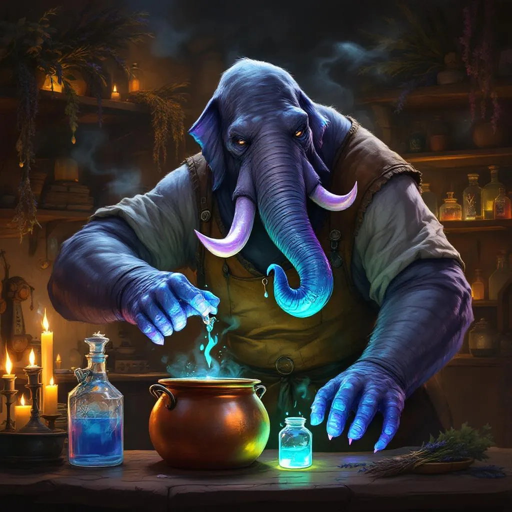 Bramm of the Iridescent Tusk, a Loxodon Blood Hunter — D&D 5e NPC portrait