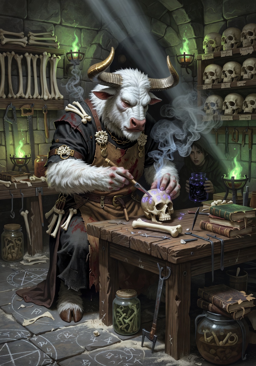 Valerica Bonescribe, a Minotaur Blood Hunter — D&D 5e NPC portrait