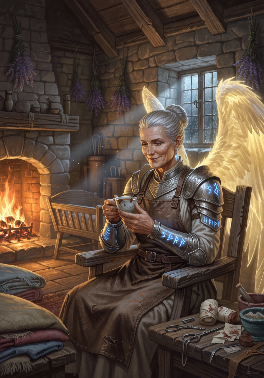 Elara Sun-Stitcher, a Protector Aasimar Aasimar Cleric — D&D 5e NPC portrait