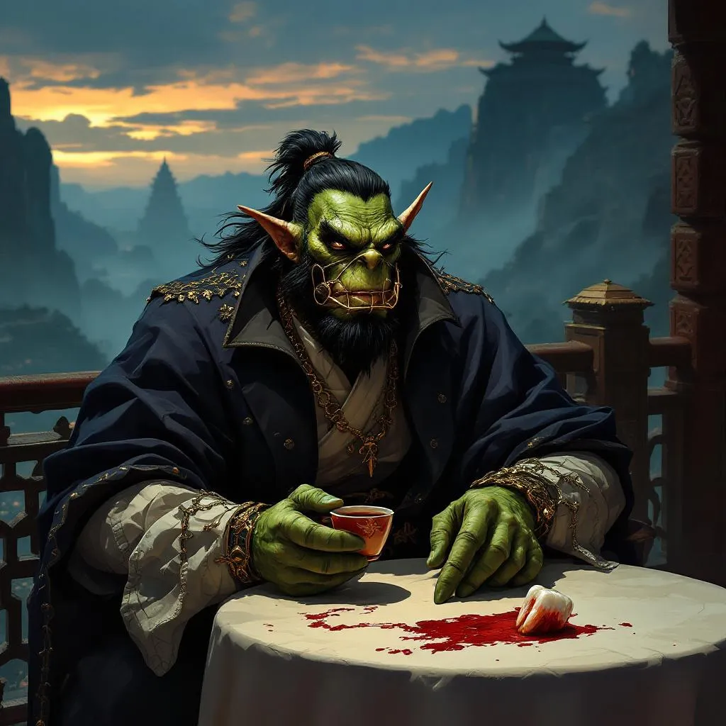 Thokku of the Still Voice, a Orc Bard — D&D 5e NPC portrait