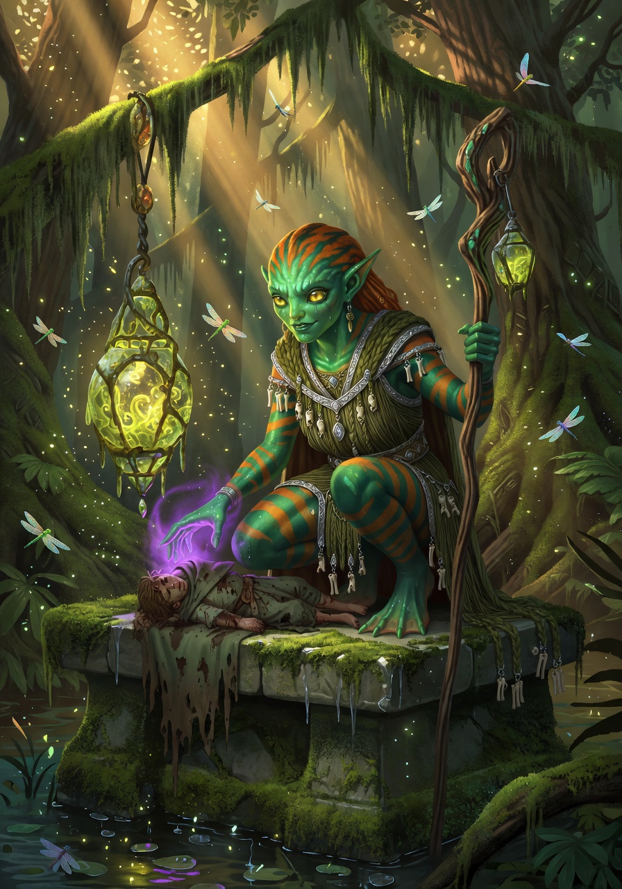 Zrip-Zrip Mossback, a Grung Cleric — D&D 5e NPC portrait