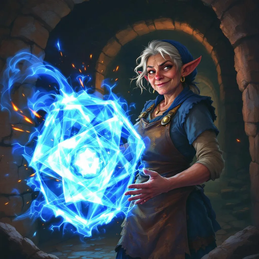 Auntie 'Brambles' Thistlecott, a Stout Halfling Wizard — D&D 5e NPC portrait