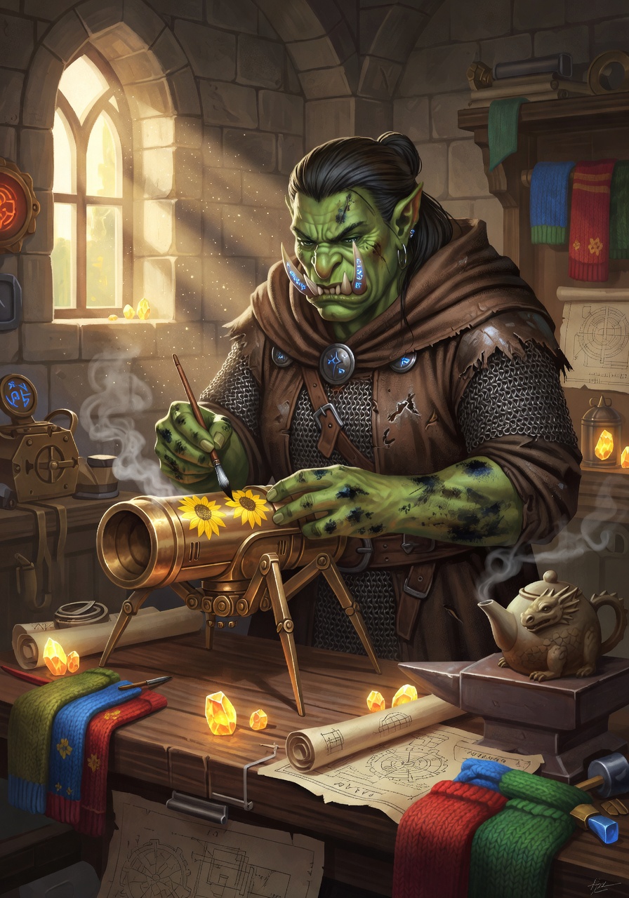 Borga 'Iron-Hearth' Stonefist, a Orc Artificer — D&D 5e NPC portrait