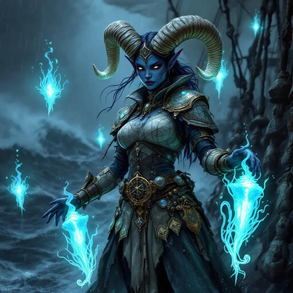 Kallista 'Salt-Horn' Vane, a Infernal Tiefling Druid — D&D 5e NPC portrait