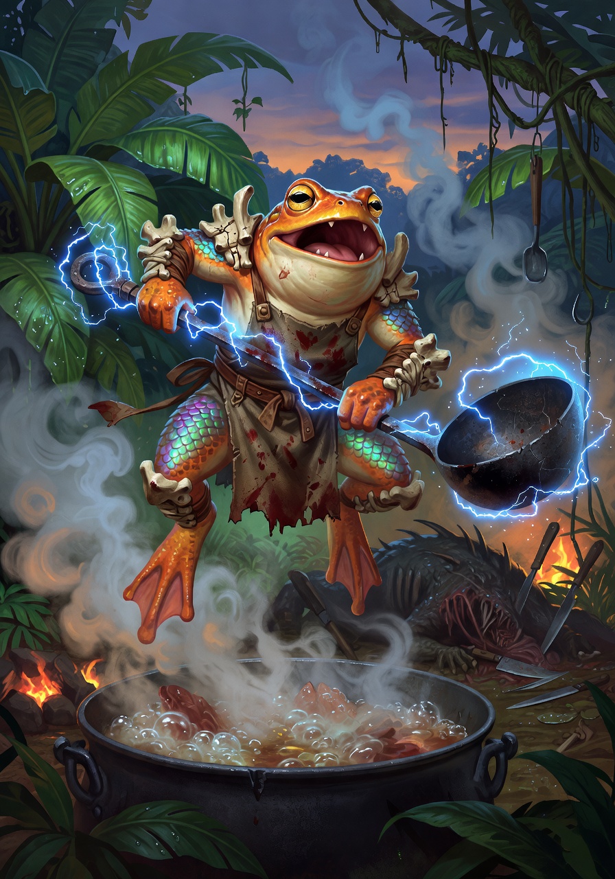 Zrip-Zrap, a Grung Barbarian — D&D 5e NPC portrait