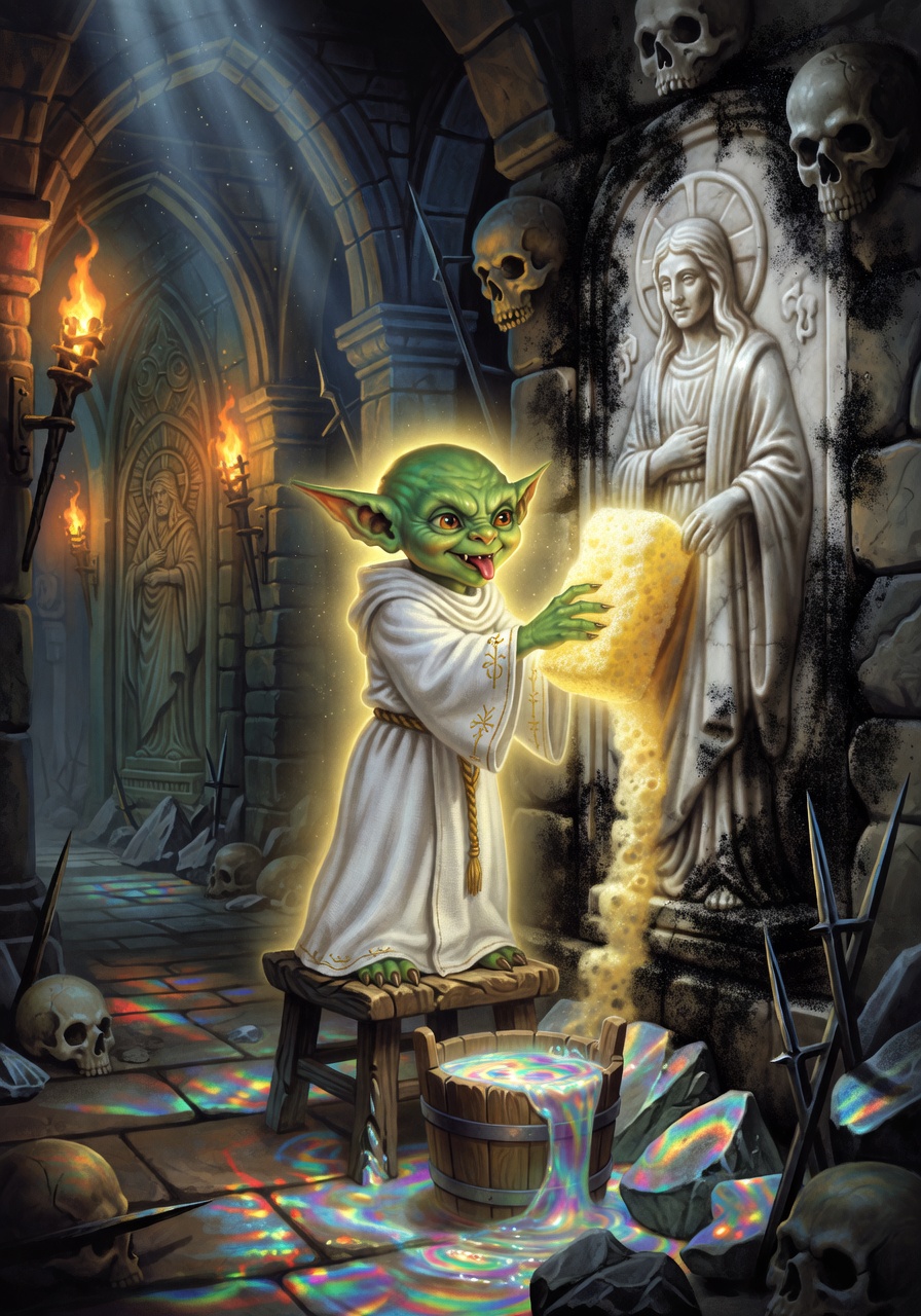 Grizelda 'Goldie' Glimmer-Scrub, a Goblin Cleric — D&D 5e NPC portrait