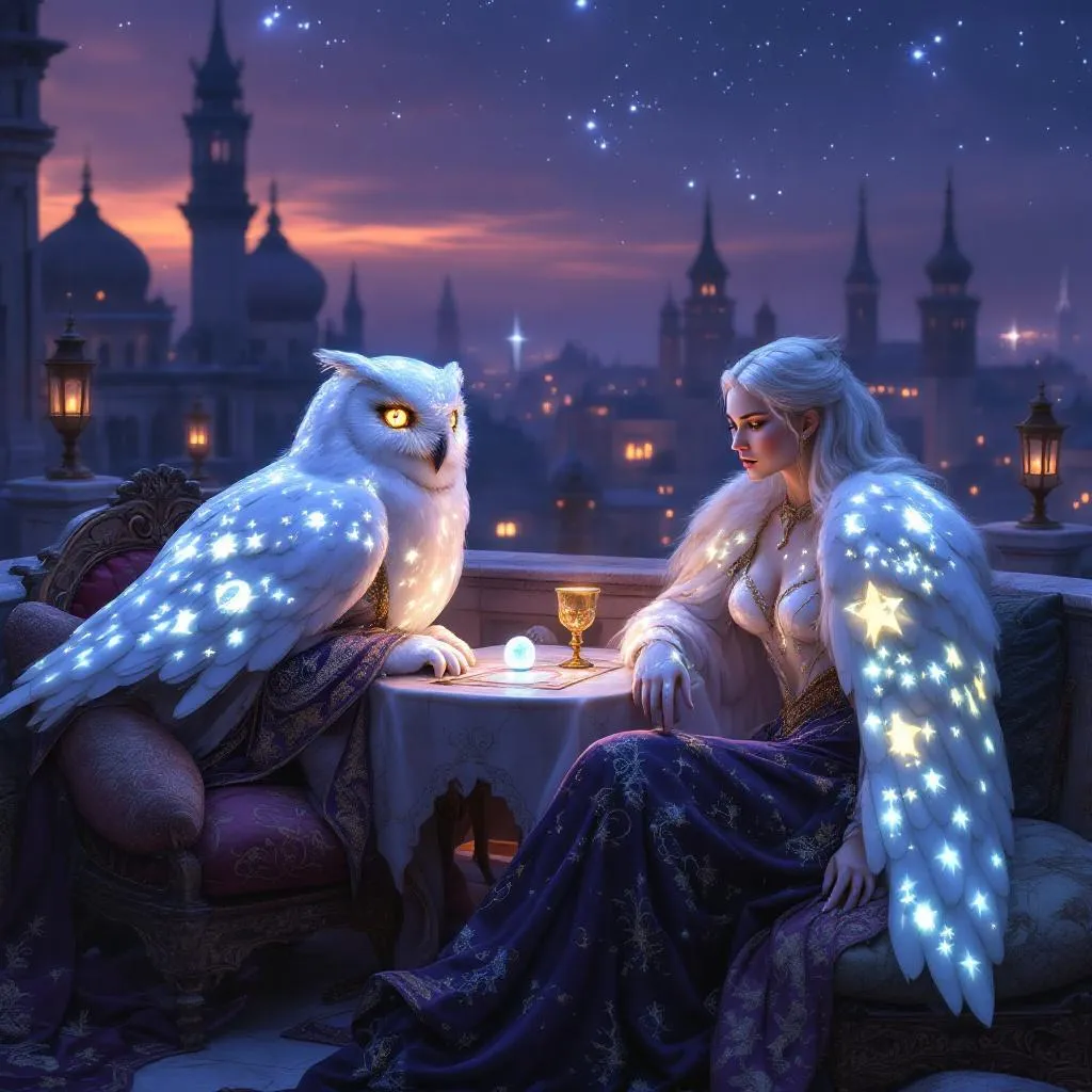 Baroness Alowishus Starfeather, a Owlin Druid — D&D 5e NPC portrait