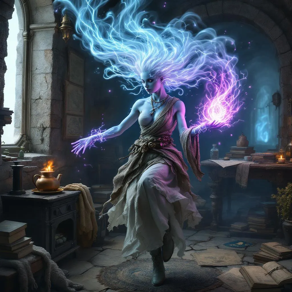 Zephyra Vane, a Air Genasi Sorcerer — D&D 5e NPC portrait