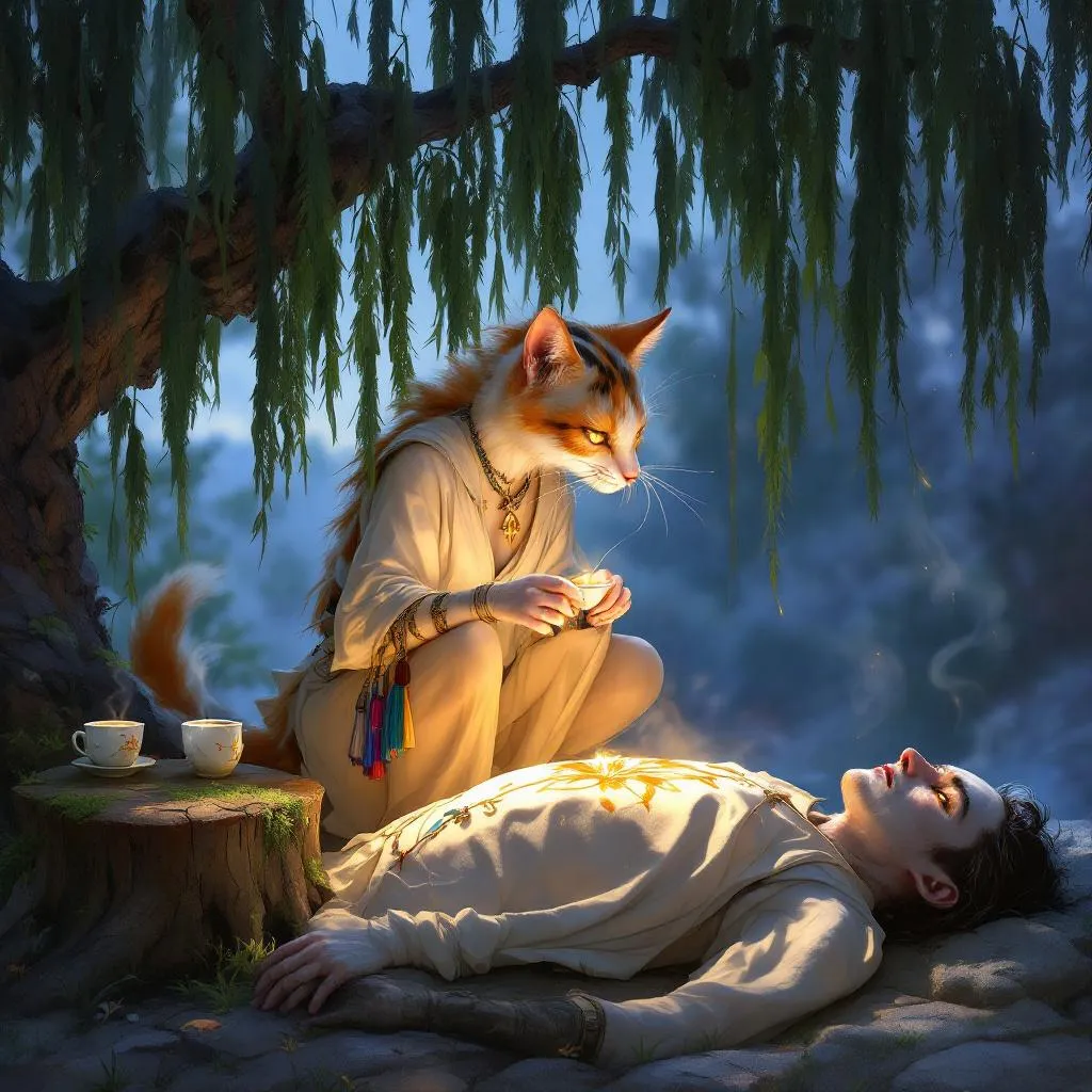 Mshindi of the Gilded Shroud, a Tabaxi Cleric — D&D 5e NPC portrait