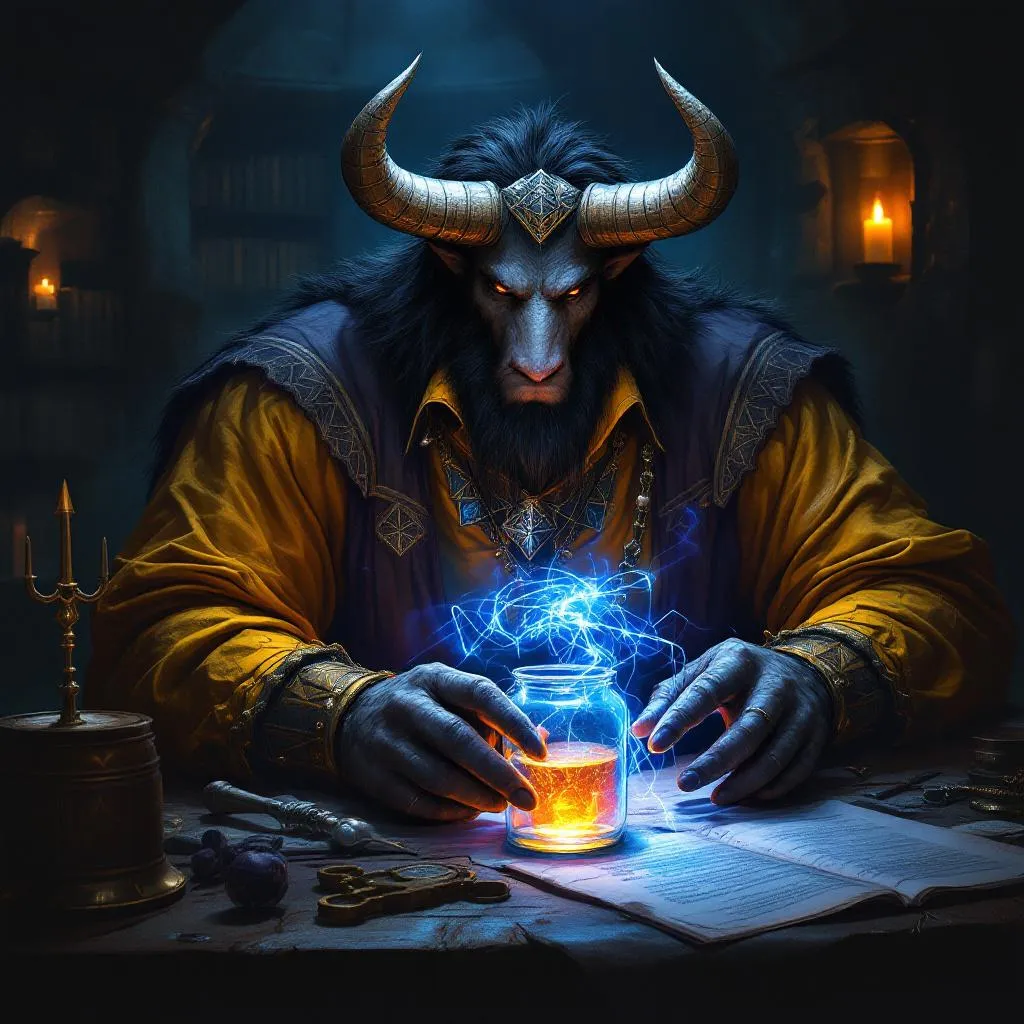 Karkos Vex, a Minotaur Bard — D&D 5e NPC portrait