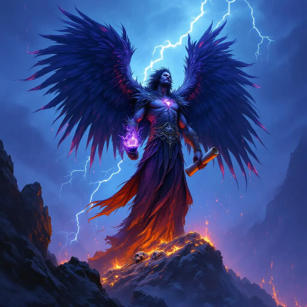 Malphas the Choral Cantor, a Fallen (Ascended-Fiendish Hybrid) Aasimar Paladin — D&D 5e NPC portrait