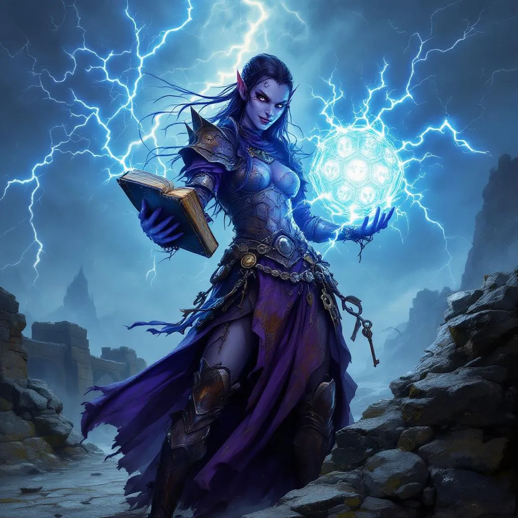 Karys of the Still-Point, a Dispater Heritage Tiefling Wizard — D&D 5e NPC portrait