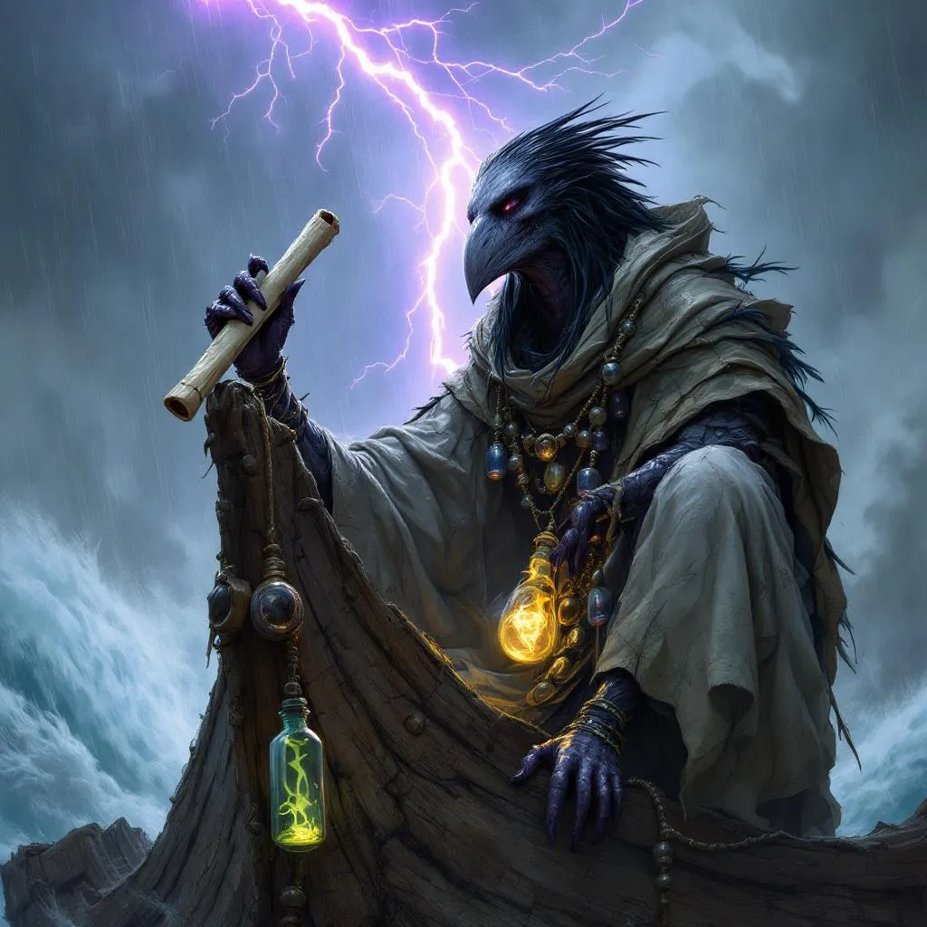 Echo of the Seventh Wave, a Kenku Bard — D&D 5e NPC portrait